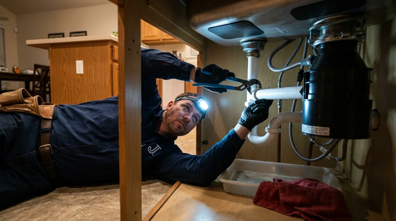 P-trap and supply line connections under a kitchen sink showing a common leak point in Butler, PA